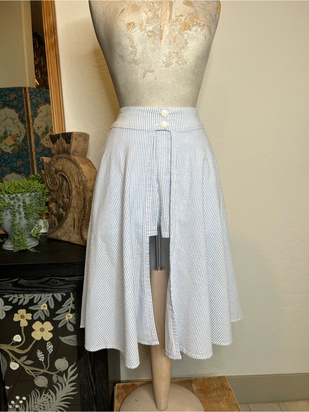 Bettie Page Light Blue and White Seersucker A-Line Skirt (Item #51)